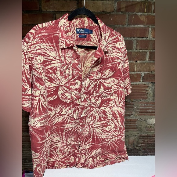 Vintage polo Ralph Lauren 90s red leaf print Hawaiian camp shirt Men’s L - Picture 1 of 10